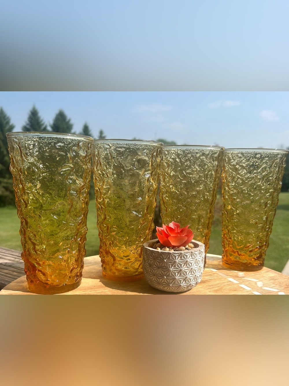 Vintage Anchor Hocking Lido
Milano Amber Gold Crinkle 
Glasses Set of 4